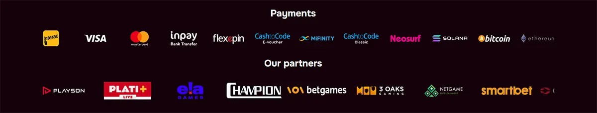 Payments and partners section displaying logos for Interac, Visa, Mastercard, Inpay, flexepin, CashtoCode, MiFinity, Neosurf, Solana, Bitcoin, Ethereum, plus provider logos such as Playson, PLATI+, ELA Games, Champion, BetGames, 3 Oaks Gaming, Netgame, and Smartbet on a dark background.