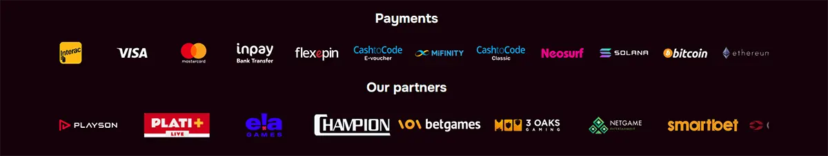 Payments and partners section displaying logos for Interac, Visa, Mastercard, Inpay, flexepin, CashtoCode, MiFinity, Neosurf, Solana, Bitcoin, Ethereum, plus provider logos such as Playson, PLATI+, ELA Games, Champion, BetGames, 3 Oaks Gaming, Netgame, and Smartbet on a dark background.