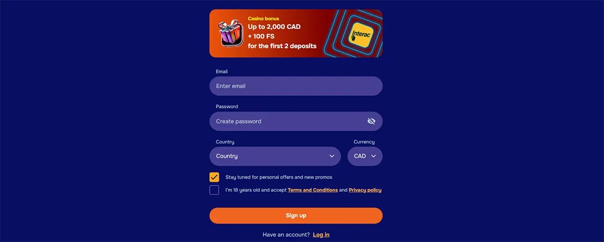 Casino sign-up form on a dark blue background with email, password, country, and currency fields, plus a bonus banner offering up to 2,000 CAD and 100 free spins for the first two deposits.