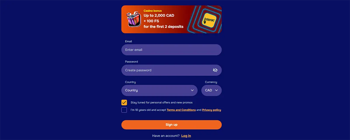 Casino sign-up form on a dark blue background with email, password, country, and currency fields, plus a bonus banner offering up to 2,000 CAD and 100 free spins for the first two deposits.